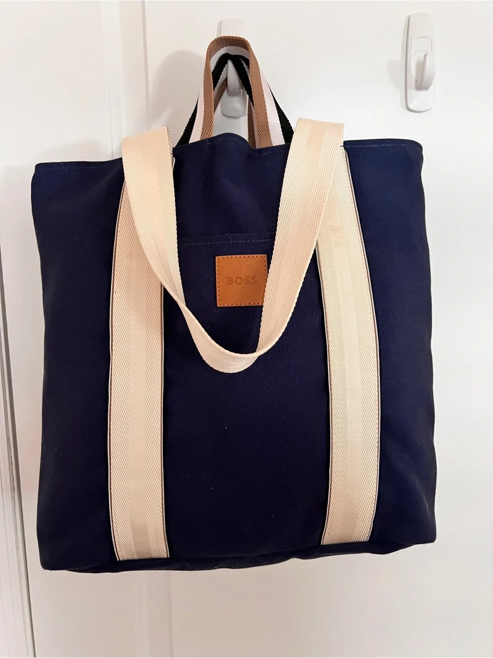 BOSS Navy Canvas Tote with Cream Straps and Tan Logo Patch